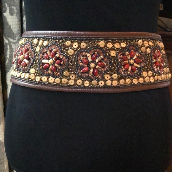 IBISCO Boho Wide Leather & Fabric Beaded Belt - Picture 2 of 6